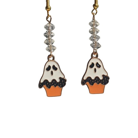 Halloween Ghost Earrings Handmade By Donovan 2.5" Dangle Design Crystal Accents - Picture 2 of 5